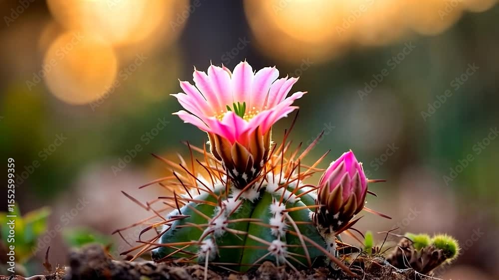 Aufkleber pink cactus flower and bud in close up view with green needles and blurred warm toned background