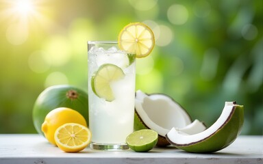 Fresh coconut water refreshing lemon limeade beverage with slice of lime tropical drink summer hydration healthy lifestyle natural ingredients organic refreshment. High quality