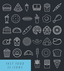 Fast food outline pictograms collection. Burger, pizza, french fries, drinks, fried chicken, donut, popcorn, chocolate bar, nuggets, sandwich and other meal items icon set vector art.