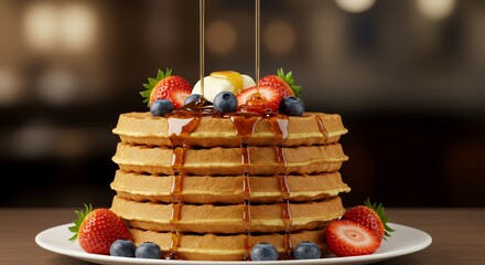 Delicious Stack of Golden Waffles Drizzled with Sweet Syrup, Topped with Fresh Berries and Butter