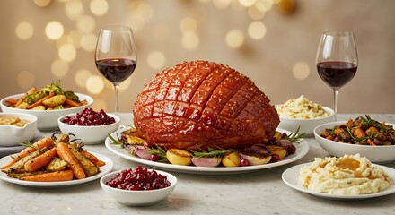 Festive Glazed Ham Centerpiece with Gourmet Sides and Wine