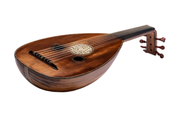 A beautiful wooden oud with intricate detailing sits against a solid black background, highlighting the instrument's craftsmanship.