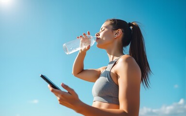 Thirsty young fit woman drinking water from plastic bottle, resting after jogging, holding mobile smartphone in her hand, listens to music. Blue sky with copy space. Hot day. High quality