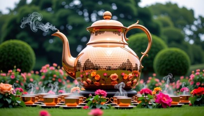 Large shiny copper teapot with steam rising du garden tea ceremony surrounded by colorful flowers and lush greenery in outdoor setting