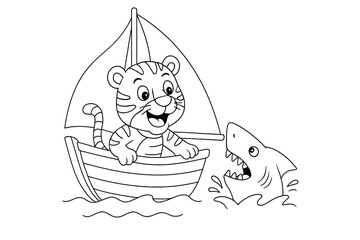 A playful tiger sails a boat when a silly shark pops up from the water. An exciting and humorous ocean adventure scene for kids to color and enjoy