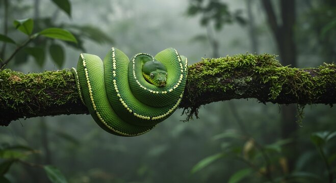 Green tree python resting on branch