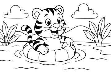 A playful tiger floats down the river using a lifebuoy, surrounded by plants and hills. A fun and cheerful nature-themed coloring page for kids