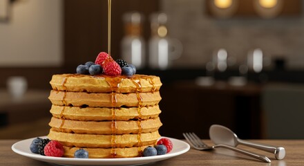 Delicious Golden Waffles with Berries and Syrup