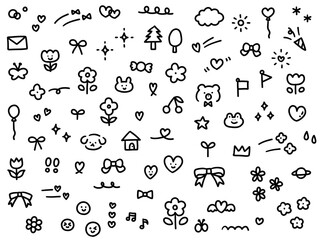 手書きの飾りイラストのベクターイラストセット。手描き、リボン、花、落書き、ハート、星