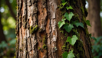 Fototapeta premium Tree Trunk Texture: A close-up showcases the intricate texture of a tree trunk, adorned with vibrant green ivy, creating a contrast between rough and smooth, nature's artistry.