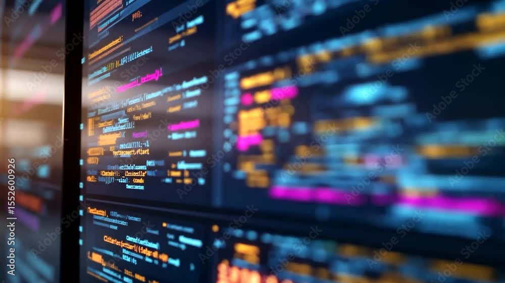 Aufkleber Abstract Digital Data Visualization with Colorful Code Symbols on Dark Background Lit by Warm Light