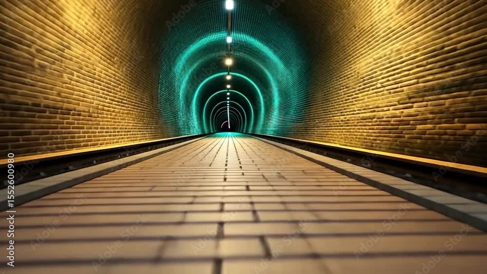 Poster perspective view of a brick tunnel with railway tracks and atmospheric lighting