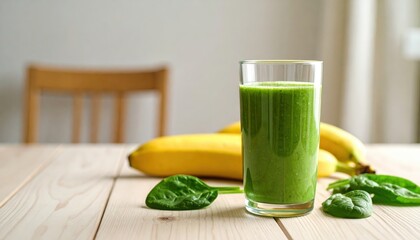 Green Smoothie with Banana and Spinach: A refreshing green smoothie in a glass, next to a bunch of ripe bananas and fresh spinach leaves on a wooden table.