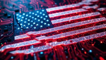 American flag design integrated with technology circuit board background animation - Powered by Adobe