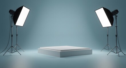 Studio setup with two lights illuminating a white platform against a blue background.