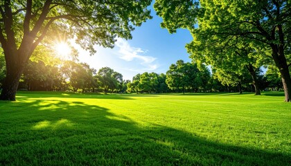 Lush Green Meadow and Sunny Sky: The image showcases a vibrant green meadow bathed in sunlight, with tall trees surrounding and blue sky background.
