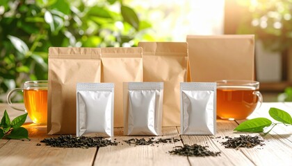 Tea Time Harmony: Close-up of neatly arranged tea bags, and loose tea, with glass of tea on a wooden surface.