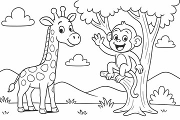 Fototapeta premium A friendly monkey waves from a tree while a cheerful giraffe stands nearby. A joyful jungle scene perfect for kids to color and enjoy nature and animal friendship
