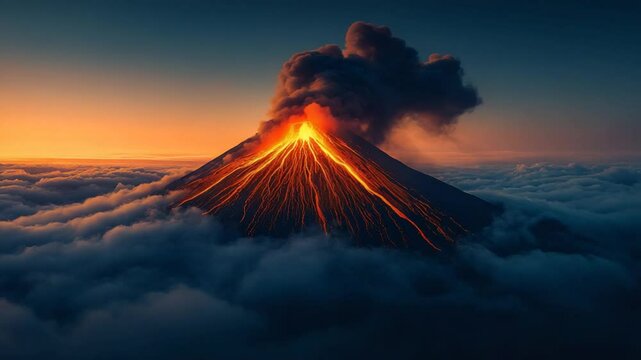 Volcanic Eruption Above Clouds at Sunrise