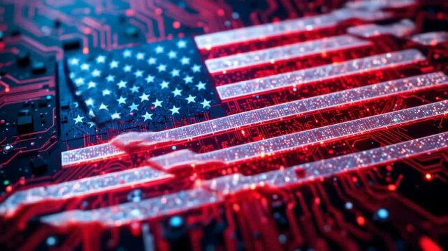 American flag design integrated with technology circuit board background animation - Powered by Adobe