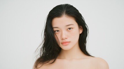 Fototapeta premium Japanese woman wet hair, natural beauty, minimal portrait, bare shoulders, simple background, fresh skin