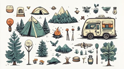 Obraz premium Hand-drawn vector illustrations set for camping and outdoor travel