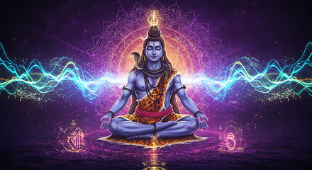 Serene Lord Shiva in meditative pose, surrounded by vibrant cosmic energy and intricate mandala.