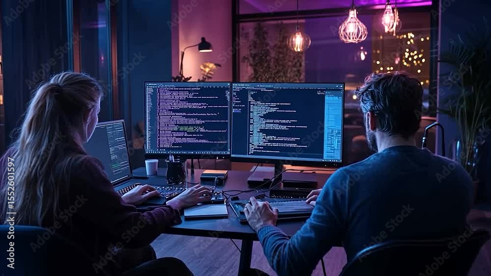 Aufkleber two people working on computer code at night in a modern office with ambient lighting