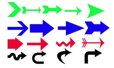 Various arrow icons,clip art set. Collection different arrows sign of the right, left, up, down direction. Black vector abstract elements isolated on white background
