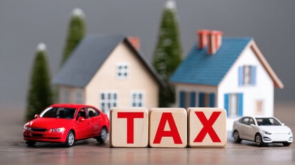 Real Estate Investment Strategy and Property Management. Miniature houses and cars with wooden blocks spelling "TAX" symbolize home and vehicle taxation.