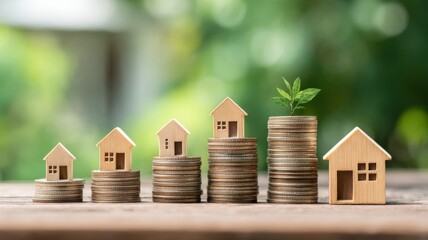 Real Estate Investment Strategy and Property Management. Growth of real estate investment illustrated with coins and miniature houses, symbolizing financial progress.