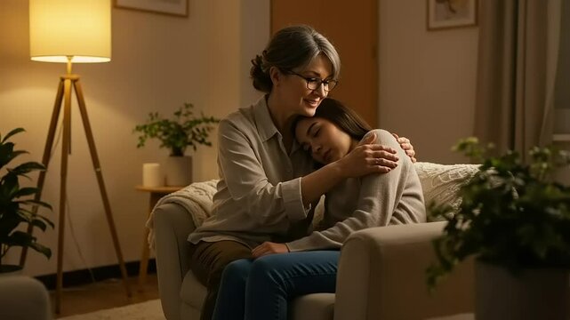 Woman comforting daughter at home.