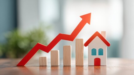 Real Estate Investment Strategy and Property Management. A house model with a rising graph symbolizes real estate growth and investment potential.
