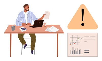 Man at desk reviewing papers by laptop. Analytics chart and warning triangle showing caution. Ideal for business analysis, project planning, risk management, teamwork, decision-making