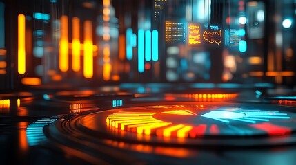 Abstract futuristic background with glowing data visualizations in vibrant colors