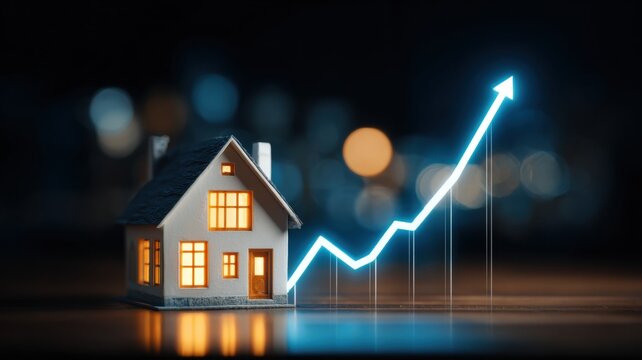 Real Estate Investment Strategy and Property Management. Model home with a rising graph, symbolizing real estate growth and investment trends.