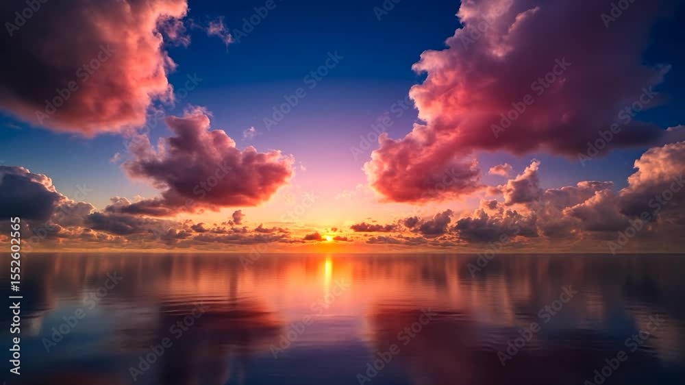 Poster sunset sky with colorful clouds reflected in calm water