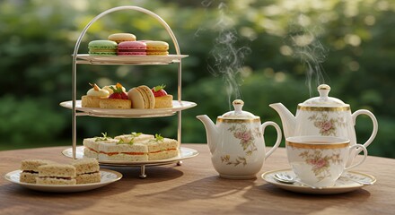 Elegant Afternoon Tea Set with Delicate Treats and Steaming Teapot