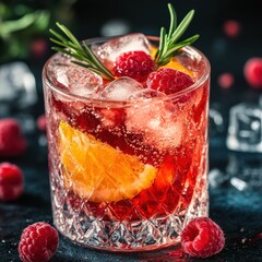 Refreshing Raspberry Cocktail with Orange and Rosemary Garnish