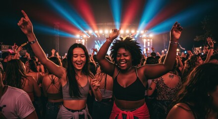 Energetic crowd dancing under stage lights capturing the spirit of celebration at an event with people enjoying music and entertainment