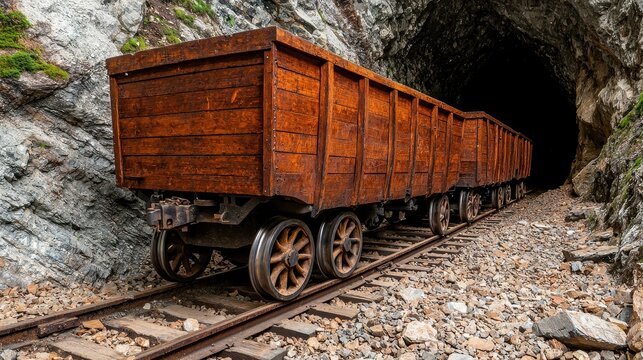 Rustic Wooden Mine Train Cars Entering Dark Tunnel