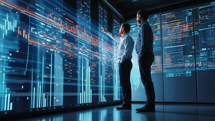 Tech Analysts' Digital Realm: Two professionals in a high-tech server room analyze intricate data visualizations, illuminated by the glow of a futuristic digital display. - Powered by Adobe