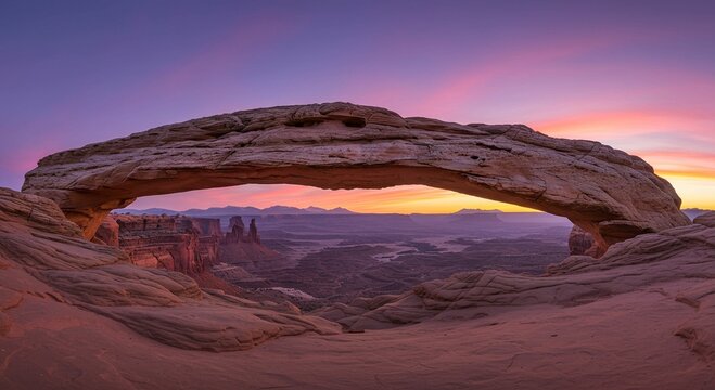 Majestic stone archway at sunrise