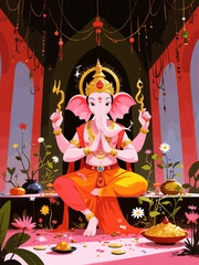 Hindu Deity Ganesha Illustration Prayer, Offerings, Flora, Temple, Spiritual, Religious Art 