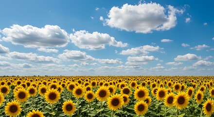 Obraz premium A vast field of bright yellow sunflowers stretches to the horizon under a clear blue sky filled with fluffy white cumulus clouds, embodying summer's vibrant beauty.