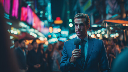 Fototapeta premium A male news reporter broadcasting live in a busy city street, holding a microphone with crowd and urban background. Captures real-time journalism and city energy.