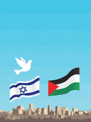  Israel and Palestine Flags with Dove of Peace Against City and Blue Sky - Symbolism and Hope