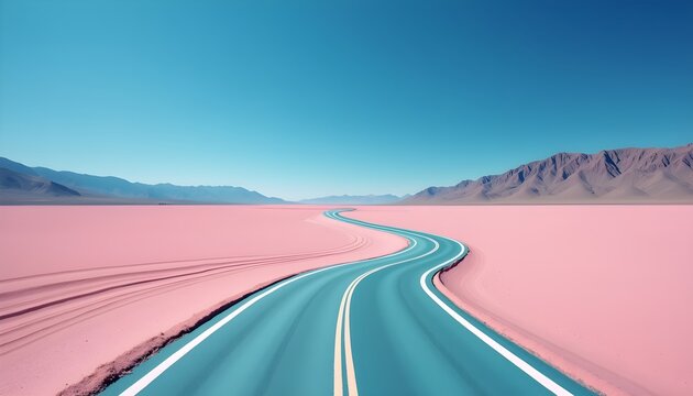 A winding road in the middle of a pink desert with mountains in the background