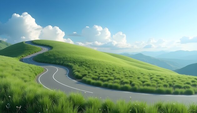 A winding road on a grassy hill under a bright blue sky with fluffy white clouds