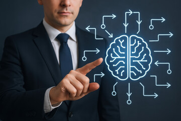 Artificial intelligence virtual assistant smart digital technology futuristic interface dashboard control command agent analysis datum business assistant concept with businessman pointing brain